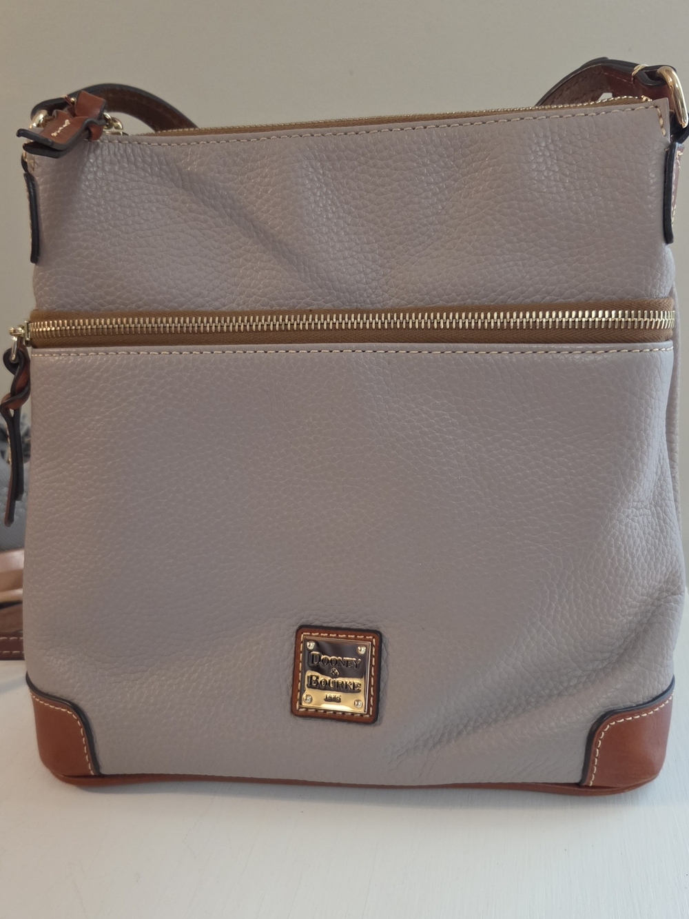 Dooney & Bourke Pebbled Leather Crossbody in Light Gray with Brown Trim